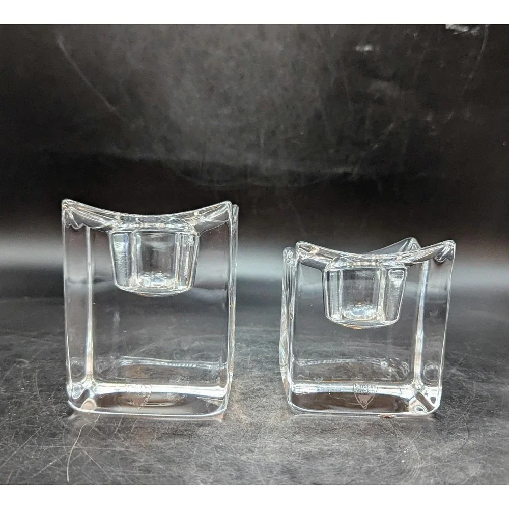 Set of 2 Orrefors Crystal Polaris Clear Votive Candle Holders Square Ice‎